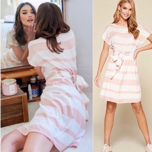 Gorgeous spring summer striped peachy pink ivory women’s dress - Picture 2 of 2
